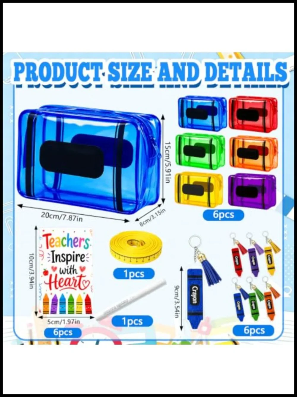 6-Pack Clear Waterproof PVC Cosmetic Bags with Keychains, Teacher Appreciation